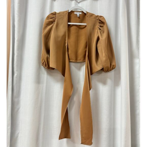 Pretty Lavish Jamie Crop Tie Knot Blouse & Wide Leg Trouser Pants Set Tan US 4 - Picture 6 of 15